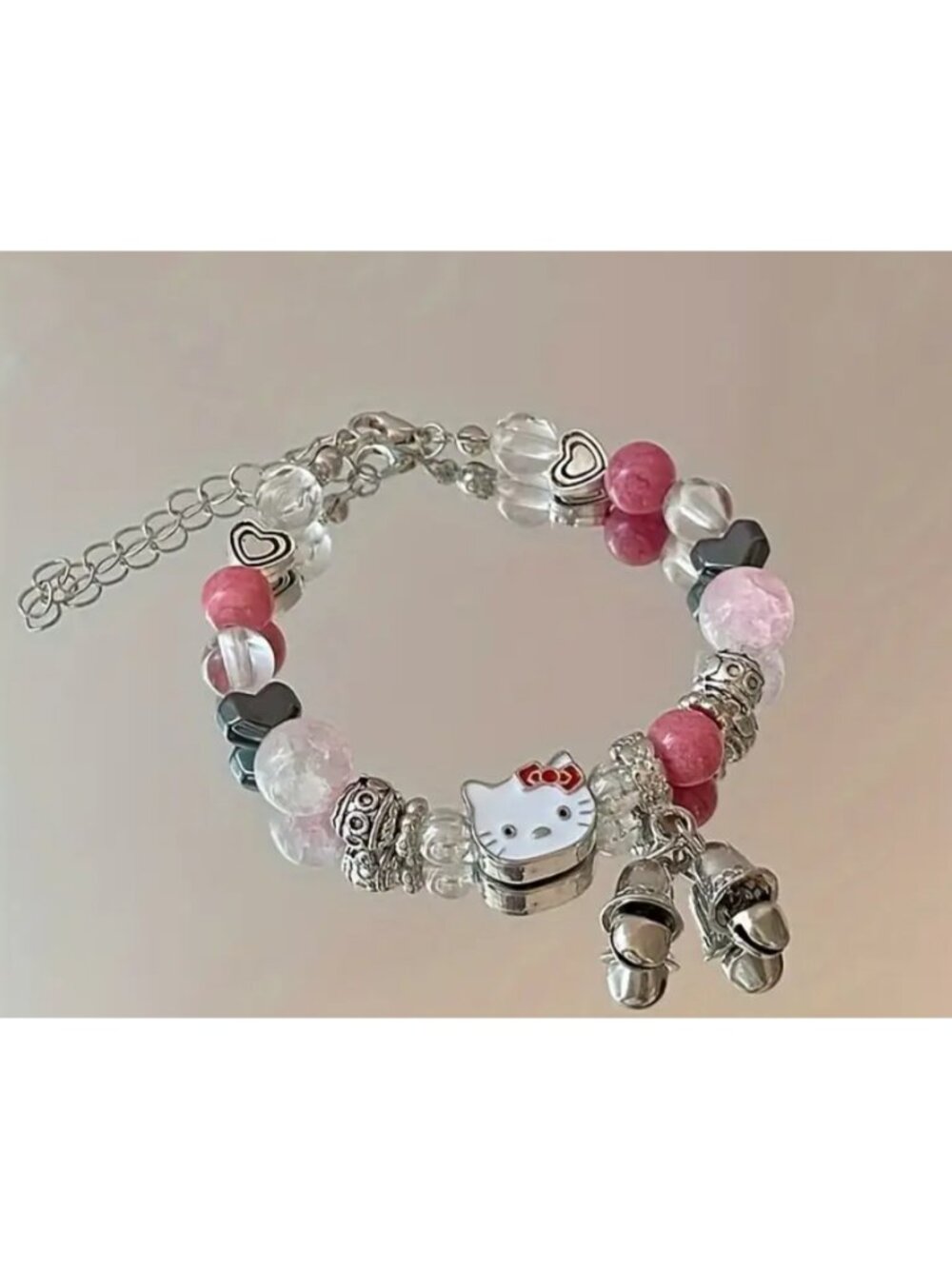 Hello Kitty Pink Beaded Charm Bracelet Kawaii Heart Jewelry